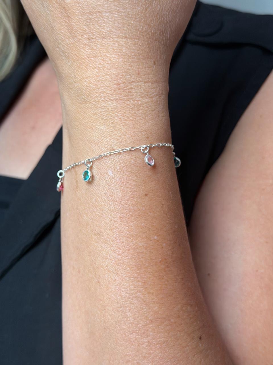 PULSEIRA PEDRINHAS COLORIDAS EM PRATA 925